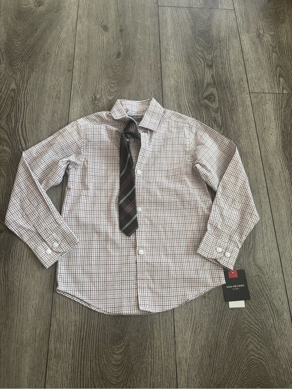 Van Heusen Boys' White & Burgundy Plaid Dress Shirt with Tie